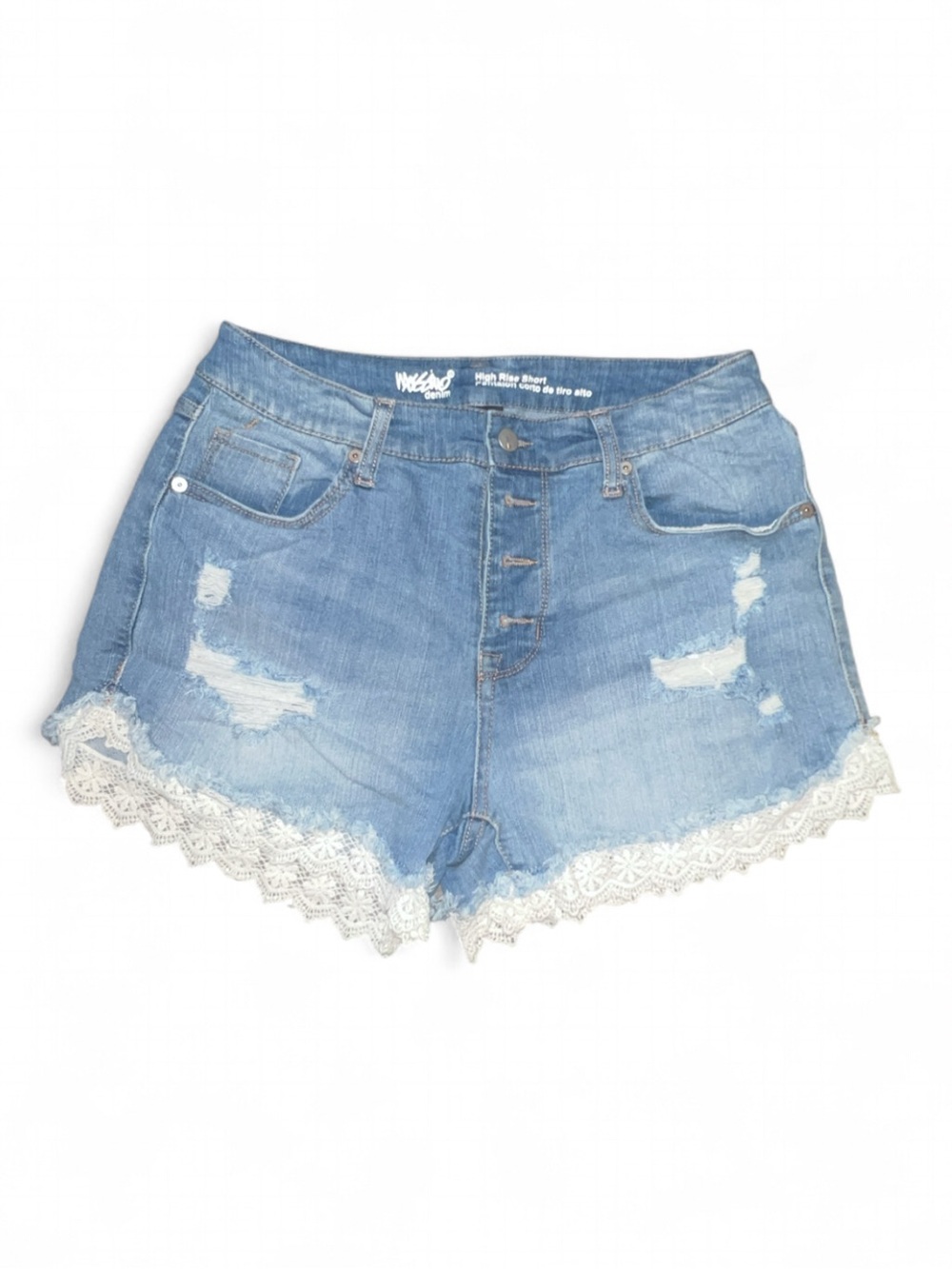Light Blue Distressed Denim Shorts with Lace Trim